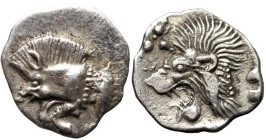 Greek
MYSIA. Kyzikos. (Circa 450-400 BC).
AR Hemiobol (9.8mm 0.4g)
Obv: Forepart of boar left; to right, tunny upward.
Rev: Head of roaring lion l...