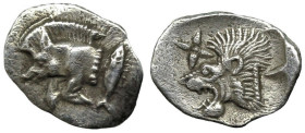 Greek
MYSIA. Kyzikos. (Circa 450-400 BC).
AR Hemiobol (10.3mm 0.38g)
Obv: Forepart of boar left; to right, tunny upward.
Rev: Head of roaring lion...