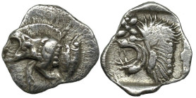 Greek
MYSIA. Kyzikos. (Circa 450-400 BC).
AR Hemiobol (9.2mm 0.42g)
Obv: Forepart of boar left; to right, tunny upward.
Rev: Head of roaring lion ...