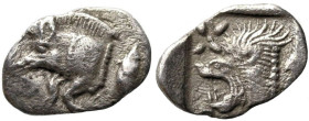 Greek
MYSIA. Kyzikos. (Circa 450-400 BC).
AR Hemiobol (10.1mm 0.36g)
Obv: Forepart of boar left; to right, tunny upward.
Rev: Head of roaring lion...