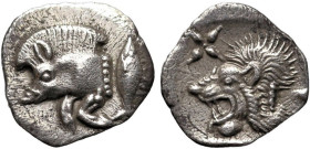 Greek
MYSIA. Kyzikos. (Circa 450-400 BC).
AR Hemiobol (9.4mm 0.38g)
Obv: Forepart of boar left; to right, tunny upward.
Rev: Head of roaring lion ...