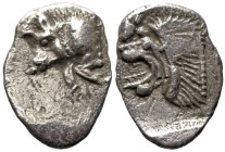 Greek
MYSIA. Kyzikos. (Circa 450-400 BC).
AR Hemiobol (10.1mm 0.36g)
Obv: Forepart of boar left; to right, tunny upward.
Rev: Head of roaring lion...