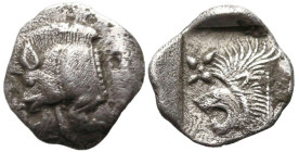 Greek
MYSIA. Kyzikos. (Circa 450-400 BC).
AR Hemiobol (8.2mm 0.38g)
Obv: Forepart of boar left; to right, tunny upward.
Rev: Head of roaring lion ...