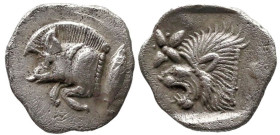 Greek
MYSIA. Kyzikos. (Circa 450-400 BC).
AR Hemiobol (8.7mm 0.42g)
Obv: Forepart of boar left; to right, tunny upward.
Rev: Head of roaring lion ...