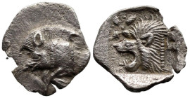Greek
MYSIA. Kyzikos. (Circa 450-400 BC).
AR Hemiobol (9.1mm 0.36g)
Obv: Forepart of boar left; to right, tunny upward.
Rev: Head of roaring lion ...