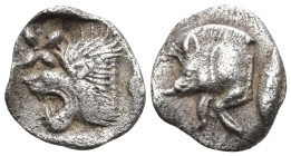 Greek
MYSIA. Kyzikos. (Circa 450-400 BC).
AR Hemiobol (11.7mm 0.39g)
Obv: Forepart of boar left; to right, tunny upward.
Rev: Head of roaring lion...