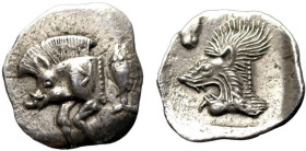 Greek
MYSIA. Kyzikos. (Circa 450-400 BC).
AR Hemiobol (10.3mm 0.37g).
Obv: Forepart of a boar left, retrograde K on its shoulder; to right, tunny u...