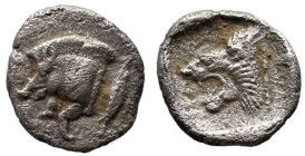 Greek
MYSIA. Kyzikos. (Circa 450-400 BC).
AR Tetartemorion (7.1mm 0.22g)
Obv: Forepart of boar left; tunny to right.
Rev: Head of roaring lion lef...