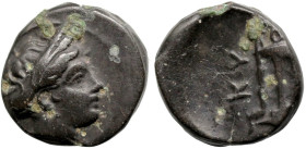 Greek
MYSIA. Kyzikos. (circa 350-300 BC)
AE Bronze (11.6mm 1.57g)
Obv: Head of Kore Soteira right, hair bound in sakkos
Rev: KY-ZI, tripod, monogr...