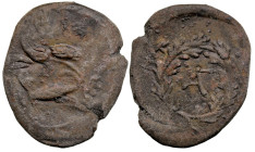 Greek
MYSIA. Kyzikos. (circa 300-200 BC)
AE Bronze (21.5mm 4.6g)
Obv: Tunny fish in corn wreath attached to sheaf of grain
Rev:K-Y Z-I, monogram w...