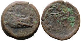 Greek
MYSIA. Kyzikos. (3rd century BC).
AE Bronze (27.5mm 14.55g)
Obv: Prow to right
Rev: Bucranium; KYZI across fields; all within oak wreath.
V...