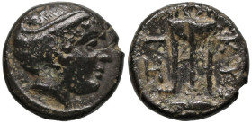 Greek
MYSIA. Kyzikos. Ae (3rd century BC).
AE Bronze (10mm 1.22g)
Obv: Head of Kore Soteira right.
Rev: KY - ZI. Tripod.
Nomisma X 1; SNG BN 431.
