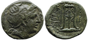 Greek
MYSIA. Kyzikos. (Circa 3rd century BC)
AE Bronze (17.8mm 4.92g)
Obv: Head of Kore Soteira to right, wearing oak wreath, her hair in sphendone...
