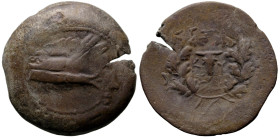 Greek
MYSIA. Kyzikos. (3rd century BC)
AE Bronze (29.3mm 14.56g)
Obv: Prow to right. Overstruck on Kore Sotiera head right
Rev.: Bucranium; KYZI a...