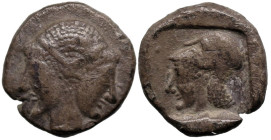 Greek
MYSIA. Lampsakos. (Circa 500-450 BC)
AR Diobol (10.1mm 1.08g)
Obv: Janiform female head.
Rev: Head of Athena to left, wearing Corinthian hel...