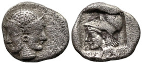 Greek
MYSIA. Lampsakos. (Circa 500-450 BC).
AR Diobol (10.6mm 1.05g)
Obv: Female janiform head.
Rev: Helmeted head of Athena left within incuse sq...