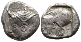 Greek
MYSIS. Lampsakos. (circa 500-450 BC).
AR Diobol (10.1mm 1.27g)
Obv: Female janiform head, wearing taenia and necklace
Rev: Head of Athena to...