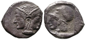 Greek
MYSIA. Lampsakos. (Circa 500-450 BC).
AR Obol (9.7mm 0.86g)
Obv: Janiform female head wearing circular earring.
Rev: Head of Athena to left,...