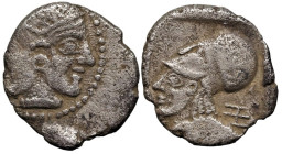 Greek
MYSIA. Lampsakos. (Circa 500-450 BC).
AR Obol (10.9mm 0.71g).
Obv: Janiform female head wearing double stephane and a single rosette earring....