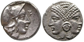 Greek
MYSIA. Lampsakos. (Circa 390-330 BC).
AR Diobol (10.3mm 1.17g)
Obv: Janiform female head,with circular earring.
Rev. Λ-Α-M-Ψ-A Head of Athen...