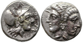 Greek
MYSIA. Lampsakos. (4th-3rd century BC).
AR Diobol (10.6mm 1.25g)
Obv: Female janiform head, with circular earring
Rev: Helmeted head of Athe...