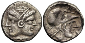 Greek
MYSIA. Lampsakos. (Circa 390-330 BC).
AR Diobol (11.1mm 1.21g)
Obv: Janiform female head,with circular earring.
Rev. ΛΑM. Head of Athena to ...
