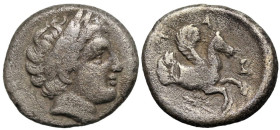 Greek
MYSIA. Lampsakos. (Circa 350-300 BC).
AR Diobol (10.6mm 1.17g)
Obv: Laureate head of Apollo right
Rev: Forepart of Pegasos right; star below...