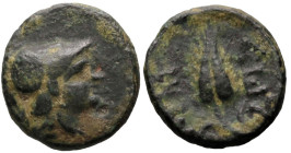 Greek
THRACE. Lysimacheia. (Circa 225-199/8 BC).
AE Bronze (10.2mm 0.94g)
Obv: Head of Athena right.
Rev: ΣE - ΛEΥ. Grain ear.
Cf. SNG Copenhagen...