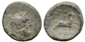 Greek
THRACE. Maroneia. (Circa 168/7-48/5 BC)
AE Bronze (22mm 8.7g)
Obv: Head of bearded Herakles to right, club behind neck.
Rev. ΜΑΡΩ/ΝΙΤΩΝ Brid...