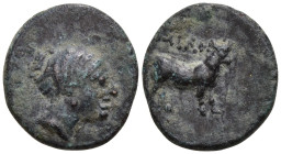 Greek
MYSIA. Miletopolis. (4th-3rd century BC)
AE Bronze (17.7mm 1.56g)
Obv: Head of female right, with hair in sphendone
Rev: MIΛH. Bull standing...