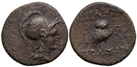 Greek
MYSIA. Miletopolis. (4th-3rd century BC)
AE Bronze (26mm 2.66g)
Obv: Head of Athena, wearing Attic helmet right
Rev: MIΛHTO-ΠOΛITΩN, Owl sta...