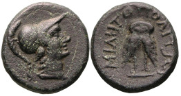 Greek
MYSIA. Miletopolis. (2nd-1st centuries BC).
AE Bronze (17.6mm 4.81g)
Obv: Helmeted head of Athena, right.
Rev: MIΛΗΤΟΠOΛITΩN. Double-bodied ...