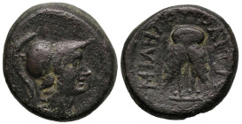 Greek
MYSIA. Miletopolis. (2nd-1st centuries BC).
AE Bronze (17.9mm 6.99g)
Obv: Helmeted head of Athena, right.
Rev: MIΛΗΤΟΠOΛITΩN. Double-bodied ...
