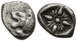 Greek
IONIA. Miletos. (Late 6th-early 5th centuries BC).
AR Diobol (13.9mm 1.1g)
Obv: Forepart of lion right, head left.
Rev: Stellate floral desi...