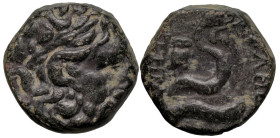 Greek
MYSIA. Pergamon. (Circa 133-27 BC).
AE Bronze (15.1mm 5.61g)
Obv: Laureate head of Asklepios to right.
Rev. AΣKΛHΠIOΣ - ΣΩTHPOΣ Serpent coil...