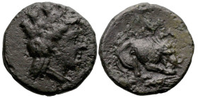 Greek
MYSIA. Plakia. (4th century BC).
AE Bronze (11.2mm 1.31g)
Obv: Turreted head of Kybele right.
Rev: ΠΛΑΚΙΑ. Lion, devouring prey, standing ri...