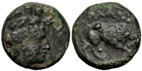Greek
MYSIA. Plakia. (4th century BC).
AE Bronze (12.6mm 2g)
Obv: Turreted head of Kybele right.
Rev: ΠΛΑΚΙΑ. Lion, devouring prey, standing right...