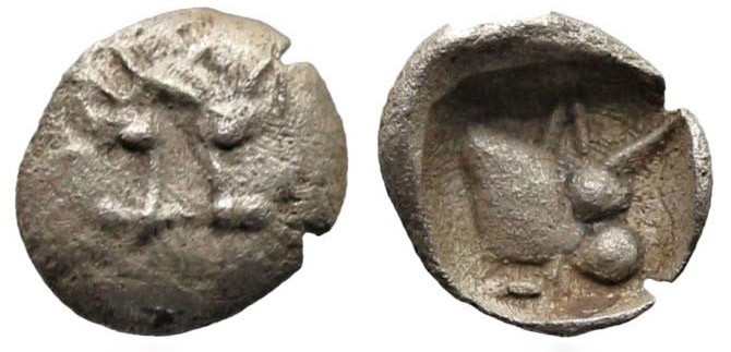 Greek
CARIA. Uncertain mint (Circa 450-400 BC).
AR Tetartemorion (5.8mm 0.12g)...