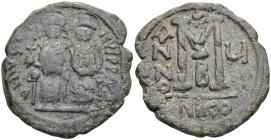 Byzantine
Justin II and Sophia (565-578 AD). Nikomedia. Dated RY 6=AD 570/1.
AE Follis (40.3mm 10.56g)
Obv: Nimbate figures of Justin and Sophia se...