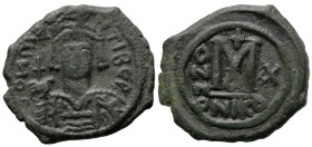 Byzantine
Maurice Tiberius (582-602 AD). Nicomedia mint, 1st officina. Dated RY 10 (591/2).
AE Follis (31mm 11.61g)
Obv: Crowned and cuirassed faci...