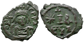 Byzantine
Maurice Tiberius (582-602 AD). Kyzikos
AE decanummium (17.6mm 1.86g)
Obv: D N MAVRIC P P AV; Helmeted, draped and cuirassed bust facing, ...