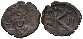 Byzantine
Justinian II, First reign (685-695 AD). Constantinople mint
AE Half Follis (21.7mm 3.96g)
Obv: Crowned bust facing, holding globus crucig...