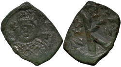 Byzantine
Leontius (695-698 AD). Constantinople
AE Half Follis (19.8mm 2.84g)
Obv: Facing bust of Leontius, bearded, wearing loros and holding glob...