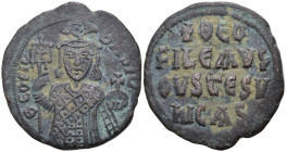 Byzantine
Theophilus (829-842 AD). Constantinople.
AE Follis (35.4mm 7.88g)
Obv: ΘЄOFIL' ЬASIL'. Facing bust, holding labarum and globus cruciger, ...