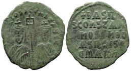 Byzantine
Basil I with Constantine (868-870 AD). Constantinople
AE Follis (28.3mm 6.21g)
Obv: + ЬASILIOS S COҺST AЧGG, facing busts of Basil on lef...