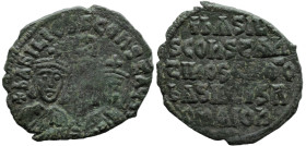 Byzantine
Basil I, with Constantine (868-870 AD). Constantinople
AE Follis (26.2mm 4.78g)
Obv: + ЬASILIOS S COҺST AЧ[GG'], facing busts of Basil on...