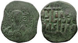 Byzantine
Anonymous attributed to Romanus III (1028-1034 AD) Constantinople
AE Follis (31.2mm 12g)
Obv: + ЄMMANOVHΛ - nimbate bust of Christ facing...