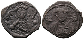 Byzantine
Michael VII Ducas (1071-1078 AD). Constantinople
AE Follis (26mm 7.54g))
Obv: +MIXAHΛ RACIΛ O Δ Crowned bust of Michael VII facing, weari...