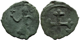 World
CRUSADERS. Edessa. Baldwin II, second reign (1108-1118 AD).
AE Follis (21.4mm 2.71g).
Obv: Baldwin II, wearing armor and conical helmet, stan...