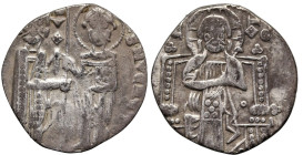 World
ITALY. Venice.
AR Grosso (17mm 1.57g).
Obv: The doge, on the left, standing facing, holding scroll in his left hand and receiving banner, hel...